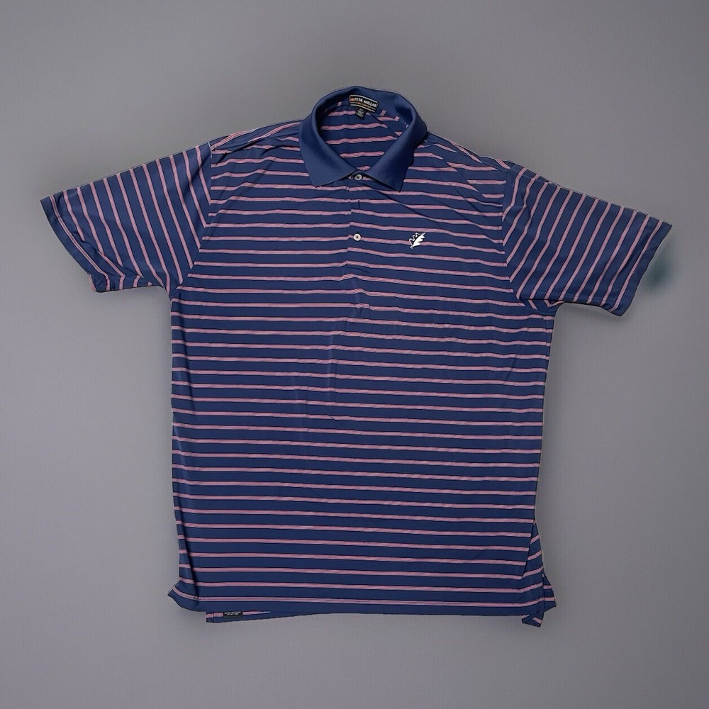 Peter Millar Summer Comfort Mens XXL Navy Pink Striped Golf Polo Oak Leaf Logo